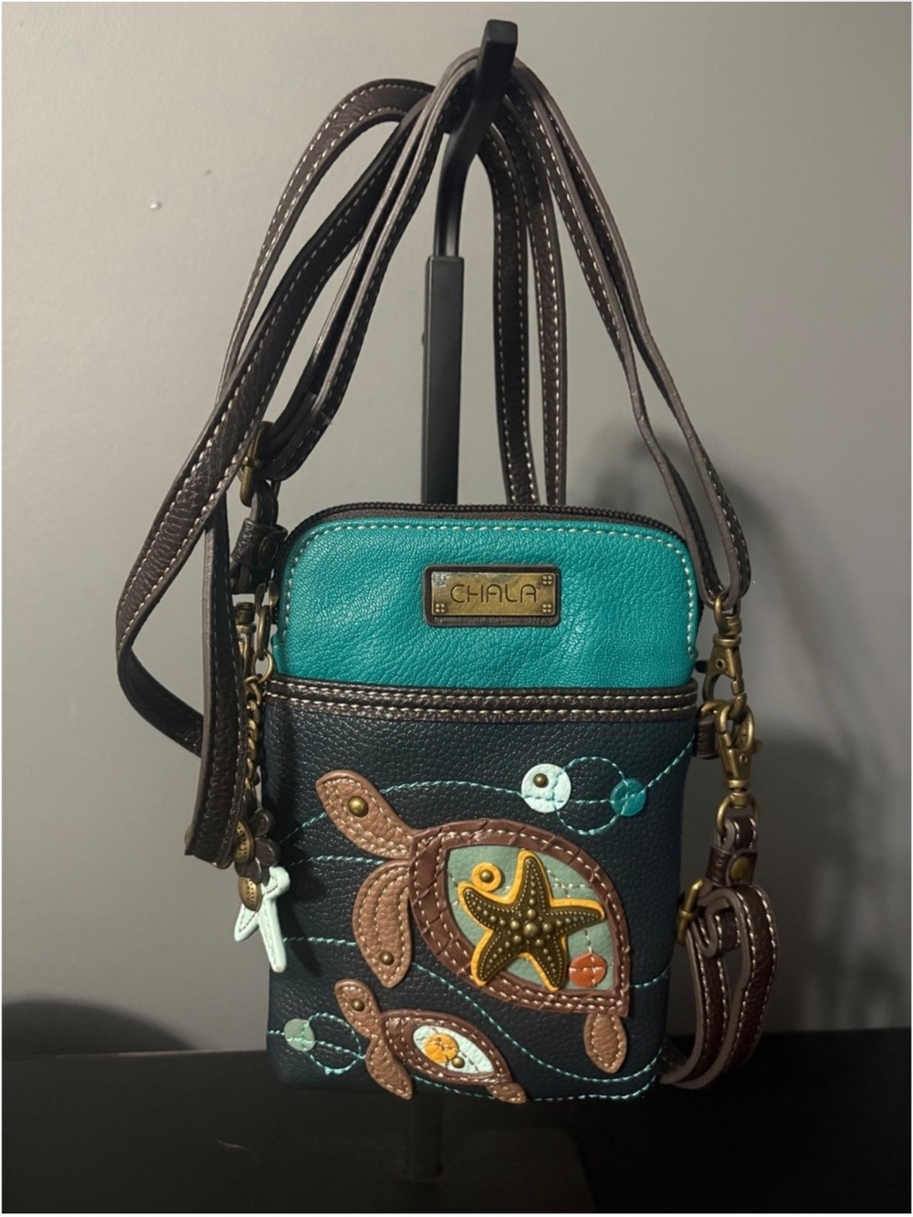 Chala Teal and Brown Sea Turtle Crossbody Phone Bag